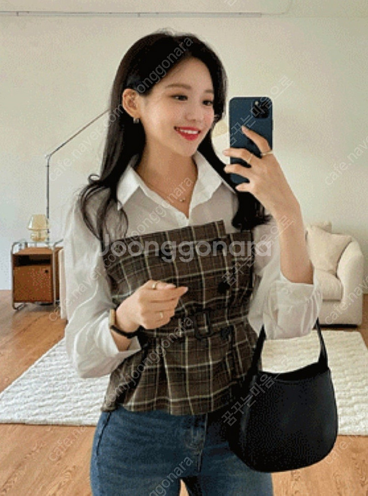 아뜨랑스 체크 더블버튼 셔츠 블라우스--0