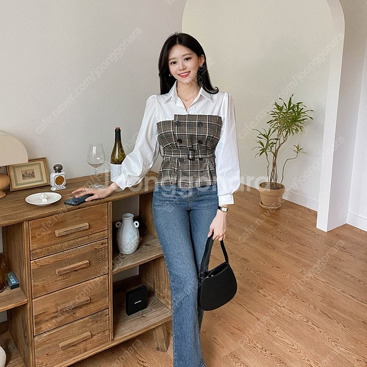 아뜨랑스 체크 더블버튼 셔츠 블라우스--7