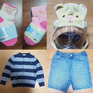 유아동 old navy 양말, 유니클로 데님 반바지, 털모자, 니트