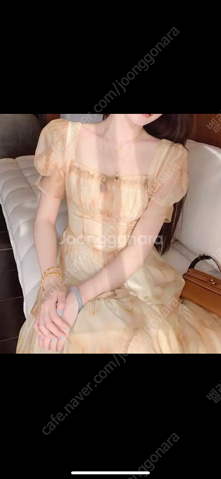 스퀘어넥 퍼프소매 쉬폰 롱 원피스 옐로우 반팔 원피스 르니나그레이스유에스블랑사틴밀크코코아쎄무아듀비키니밴더가니송--0