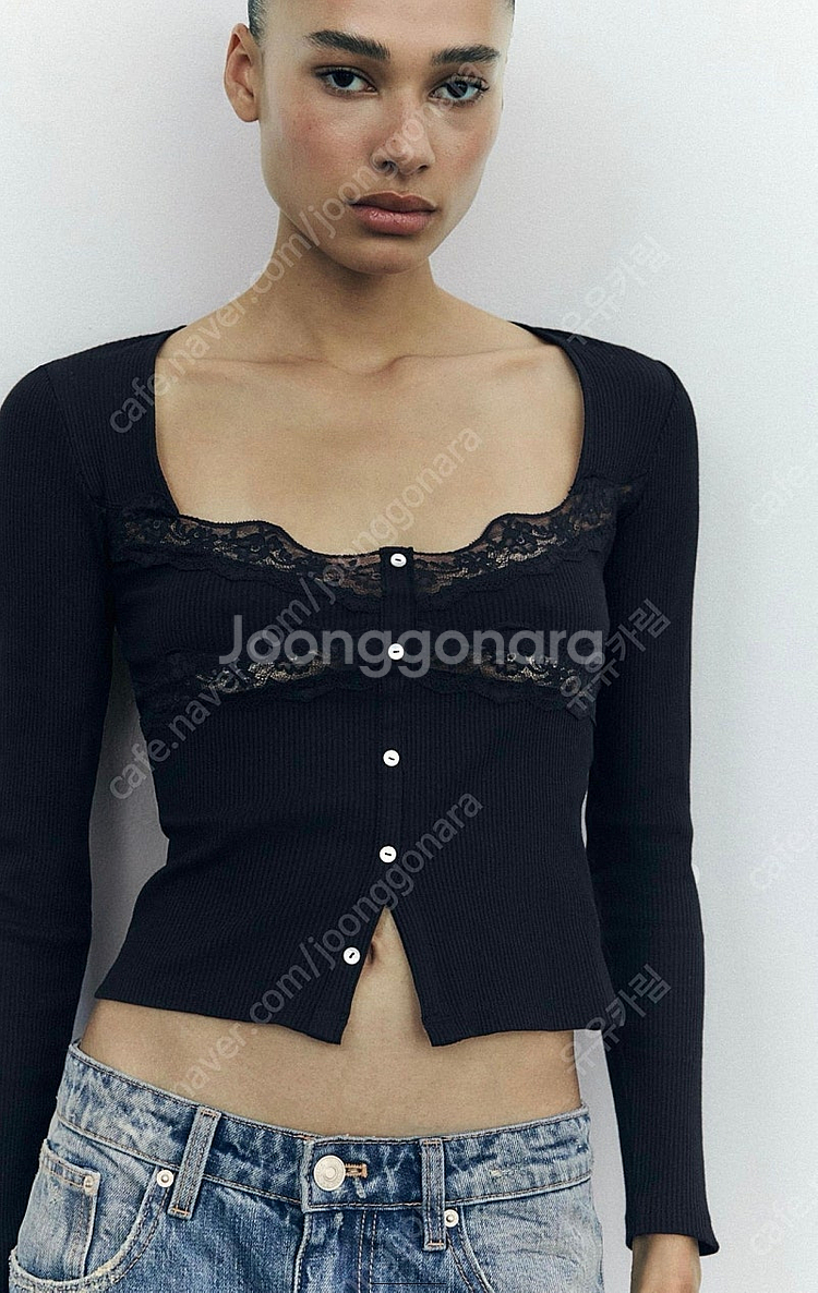 ZARA 자라 레이스 콤비 탑 블랙, 자라 레이스 티셔...--0