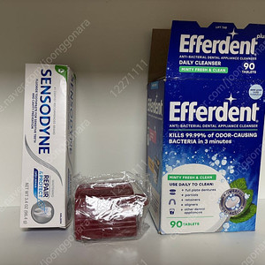 미국판매 제품 센소다인 치아 미백 민감성 치약 충치 예방 및 민감한 치아 트리트먼트 96.4g+치약짜개 디스펜서 레드+Efferdent 치아교정 장치, 틀니 클렌저 40정