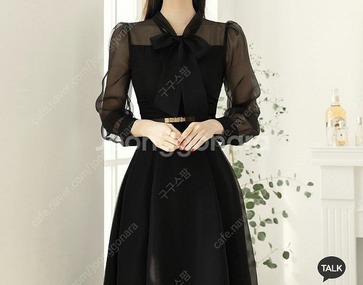 (시크라인)슈룬 리본넥 오간자 플레어 원피스--0