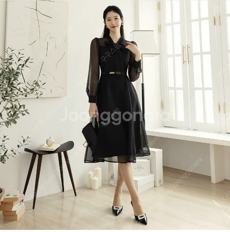 (시크라인)슈룬 리본넥 오간자 플레어 원피스--1