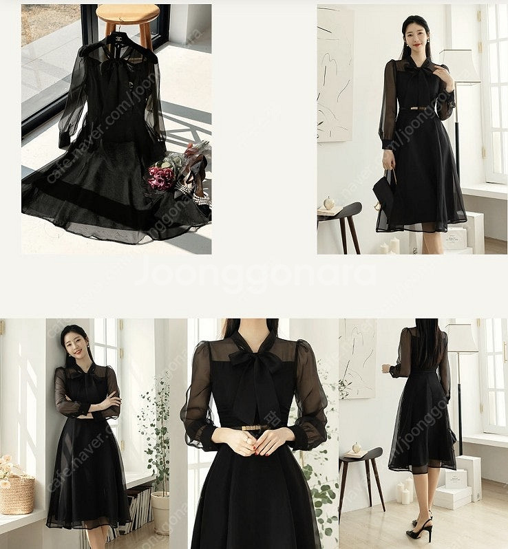 (시크라인)슈룬 리본넥 오간자 플레어 원피스--5