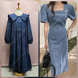 1.HANNANE 프릴 빅카라 데님 롱원피스 2.(새상품) 스퀘어넥 데님 퍼프 롱원피스