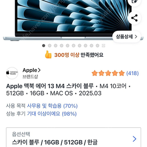 맥북 에어 13인치 스카이블루 M4 512GB