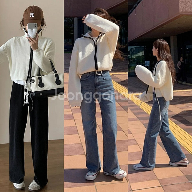 하이넥 스트링 니트 크롭 가디건 루즈핏 점퍼 자켓 아우...--1