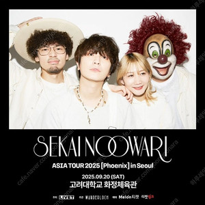 세카이노오와리 콘서트 티켓 20일 토 2층 E구역 5열 1장 (안양, 안산 직거래 가능) 원가이하
