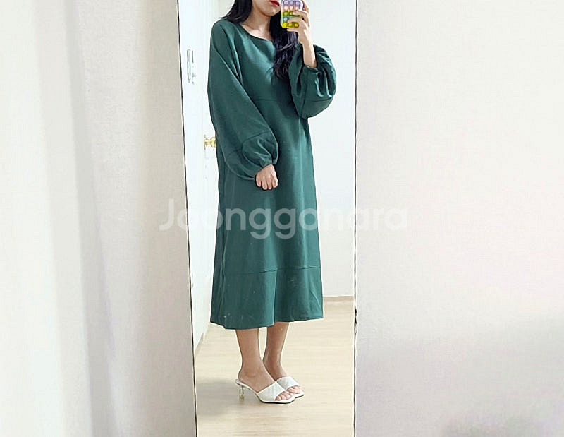 슈라루 청록그린 박시핏 퍼프소매 롱 원피스--0