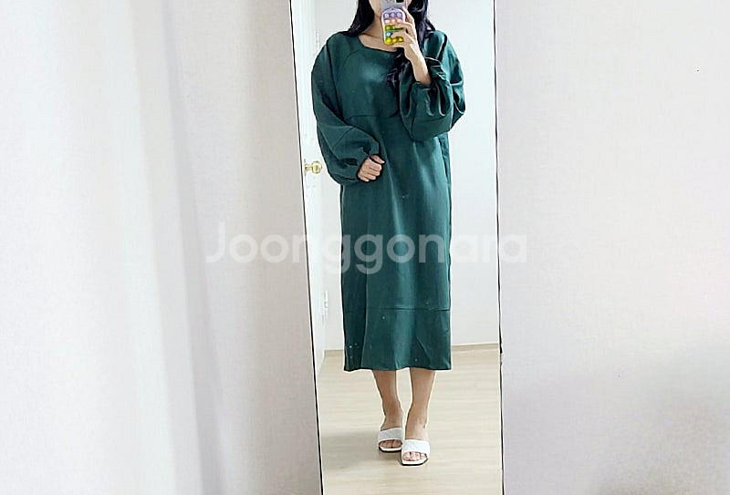 슈라루 청록그린 박시핏 퍼프소매 롱 원피스--2