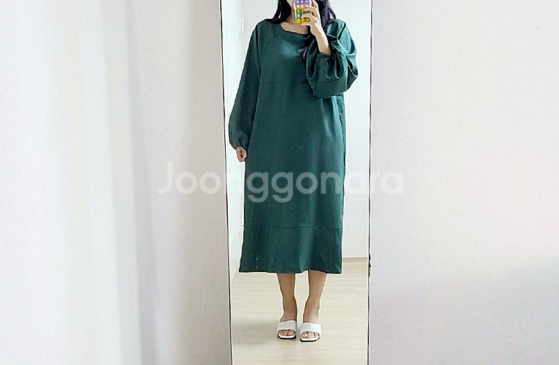 슈라루 청록그린 박시핏 퍼프소매 롱 원피스--3