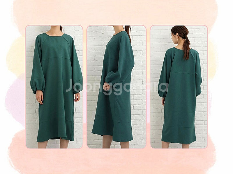 슈라루 청록그린 박시핏 퍼프소매 롱 원피스--5