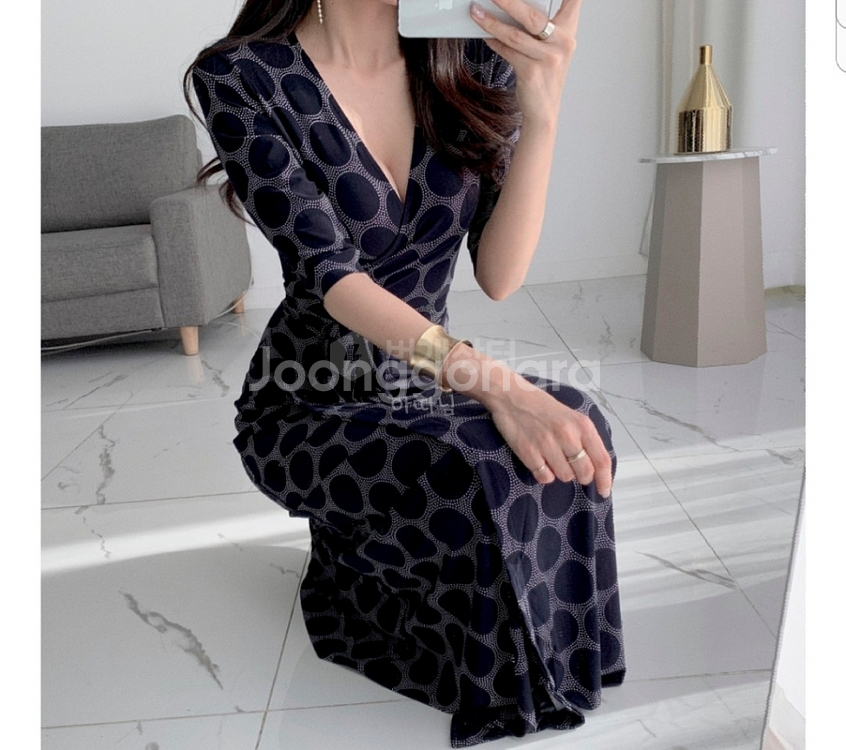 패턴 맥시 롱 랩 원피스--0