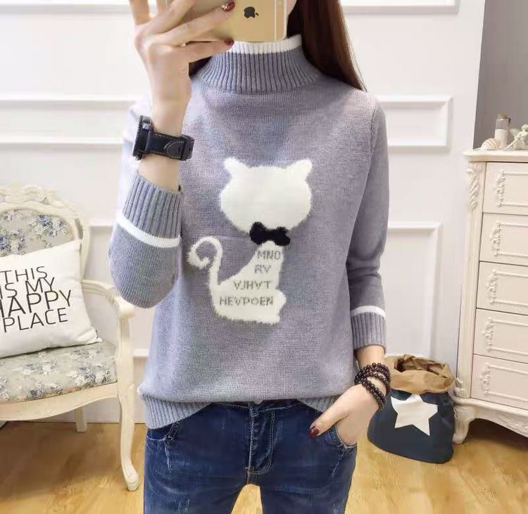 겨울 여성 캐시미어 캐주얼 풀오버 고양이 스웨터 이미지
