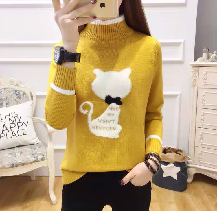 겨울 여성 캐시미어 캐주얼 풀오버 고양이 스웨터 이미지