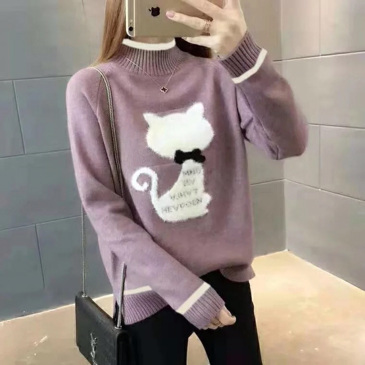 겨울 여성 캐시미어 캐주얼 풀오버 고양이 스웨터 이미지