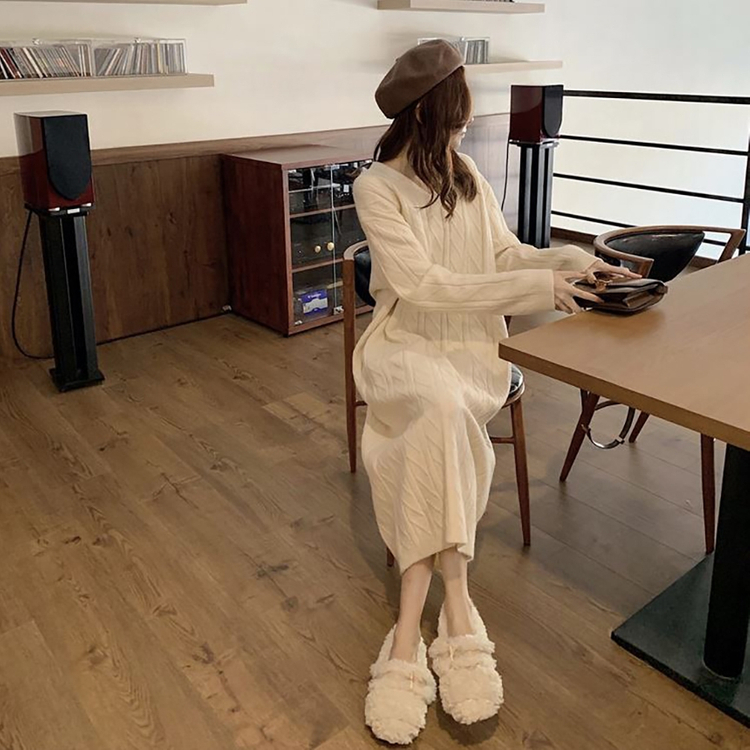 브이넥 패턴 데일리 니트 롱 원피스 이미지