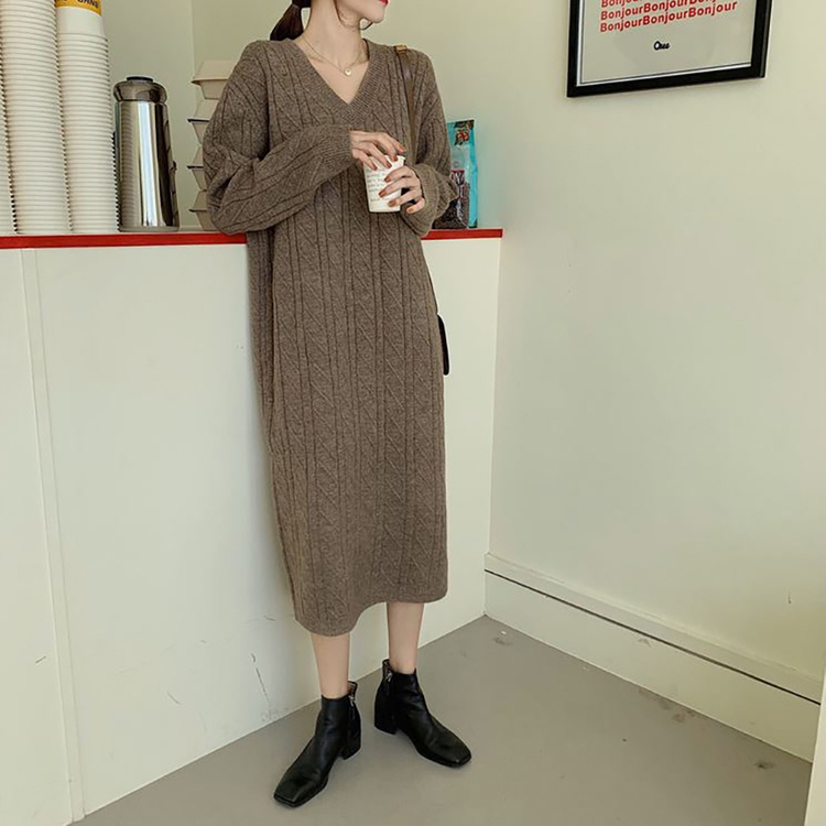 브이넥 패턴 데일리 니트 롱 원피스 이미지