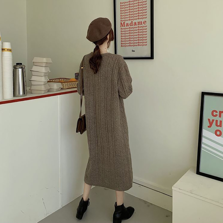 브이넥 패턴 데일리 니트 롱 원피스 이미지