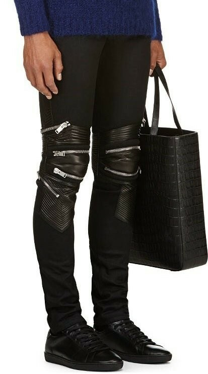 생로랑 레더패널 진 바지 이미지