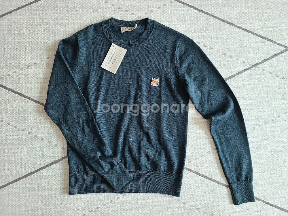 메종키츠네 W 메리노스 폭스 헤드 패치 니트 블루그린--2