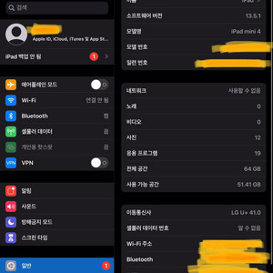 아이패드 미니4 64GB / 셀룰러+Wifi / 실버