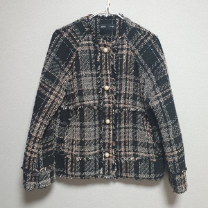 진주 버튼 트위드 자켓 핑크 체크