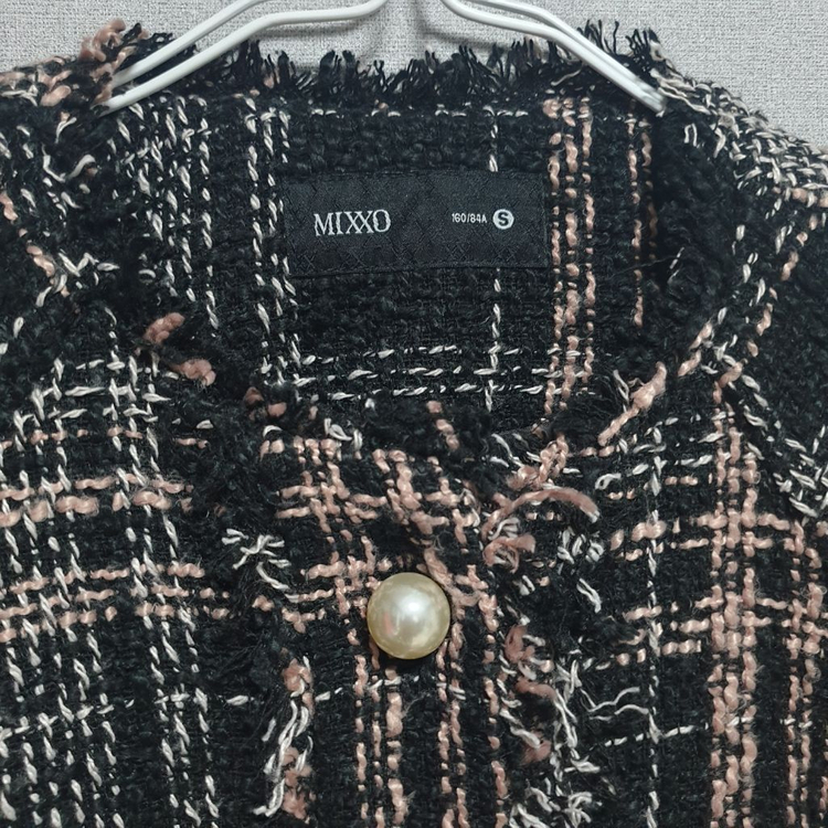 진주 버튼 트위드 자켓 핑크 체크--2