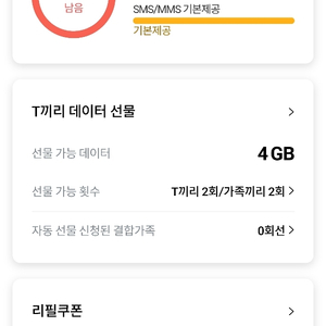 SKT 데이터 2기가(최대4기가) / 리필쿠폰(100%