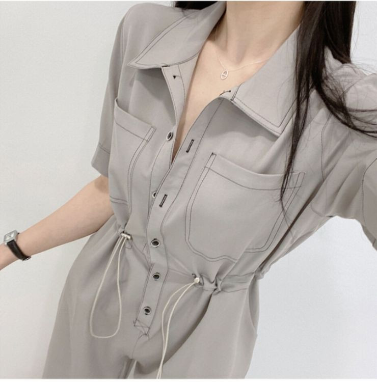 스티치 반팔 점프슈트--2