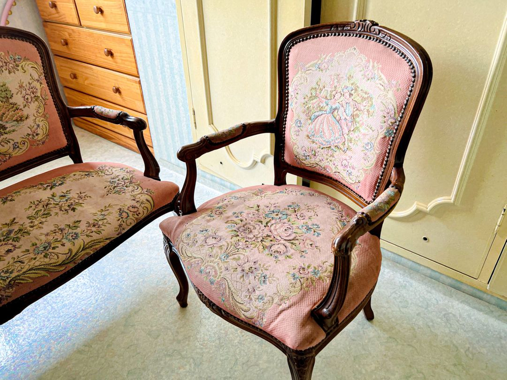 네티 자카드 장미목 엔틱 2인 벤치의자 / 1인의자--1