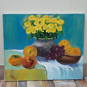 정물 유화 그림 테이블위에 꽃과일