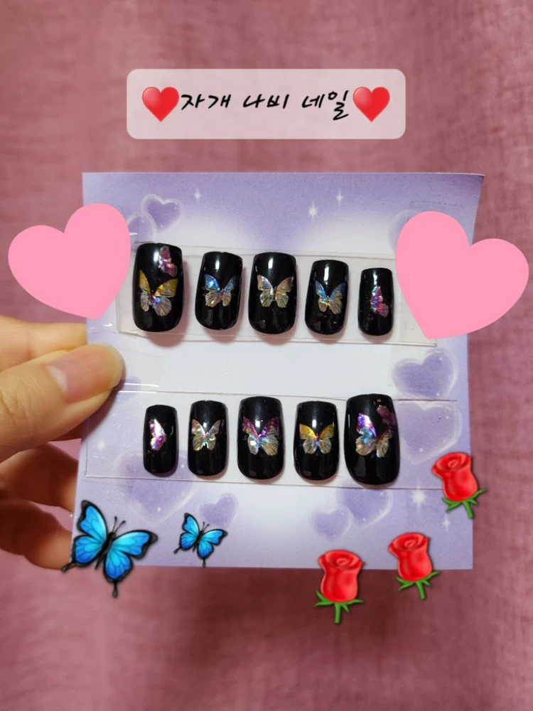 (새상품)블랙 자개나비 수제 네일팁 이미지