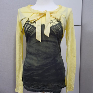 (새상품)바닐라비 뷔스띠에 레이어드 리본 티셔츠 옐로우