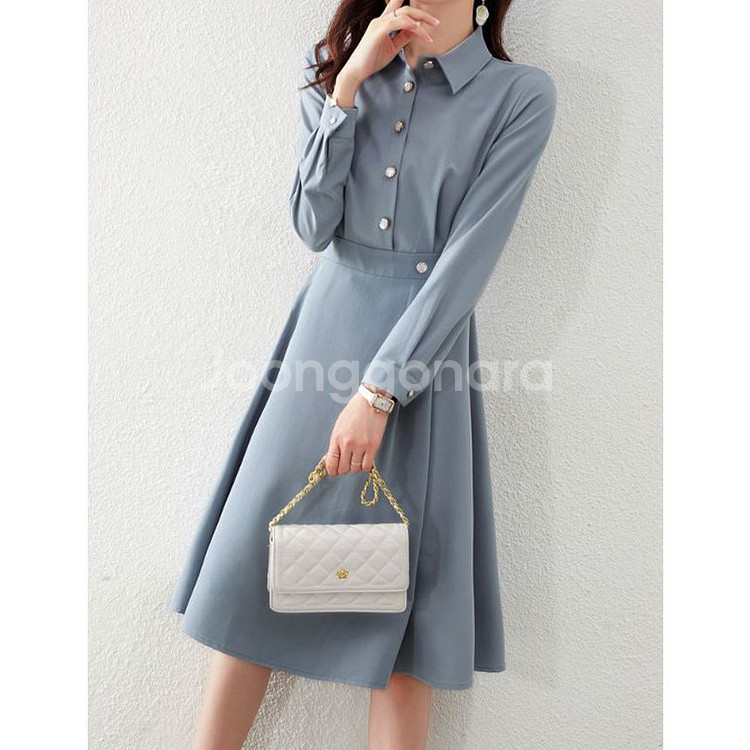 고급스러운 심플 카라 주얼리 A라인 원피스 블루그레이--1