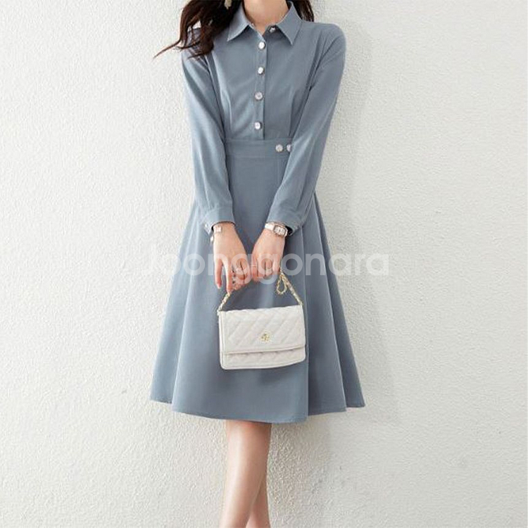 고급스러운 심플 카라 주얼리 A라인 원피스 블루그레이--2