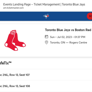 7월1일 토론토 블루제이스 레드삭스 로저스센터(2매)