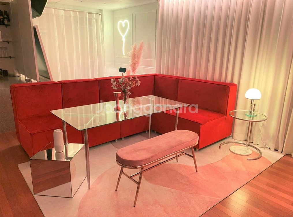 코랄색 벨벳 6인 모듈 소파--0