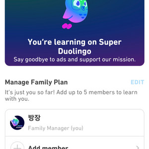 Duolingo 듀오링고 패밀리 1년