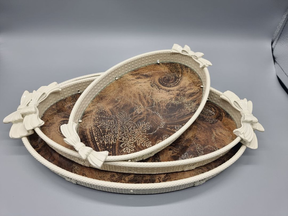 고급주석 아이보리 도금 리본 화장품정리함 트레이쟁반 소--1