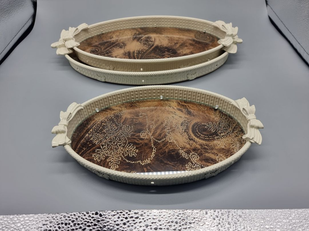 고급주석 아이보리 도금 리본 화장품정리함 트레이쟁반 소--2