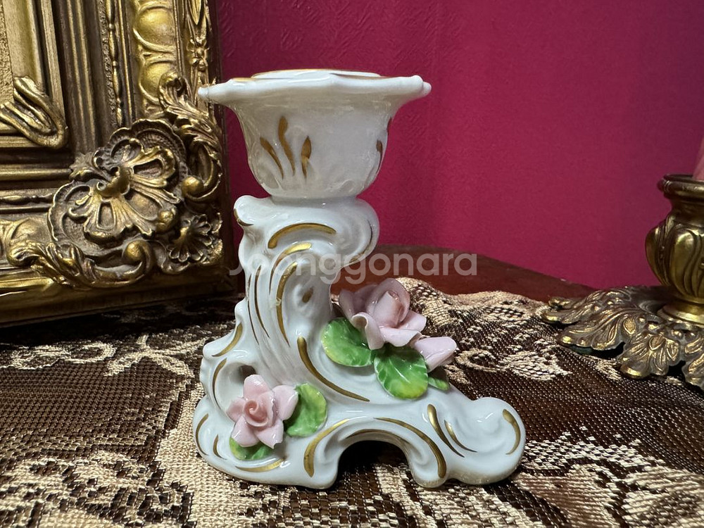 (독일) 드레스덴 빈티지 포세린 꽃포지 촛대--6