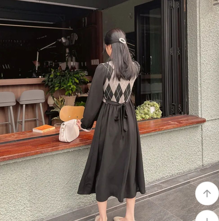 리리앤코 엘리오드 배색 아가일 밴딩 스트랩 롱원피스 이미지