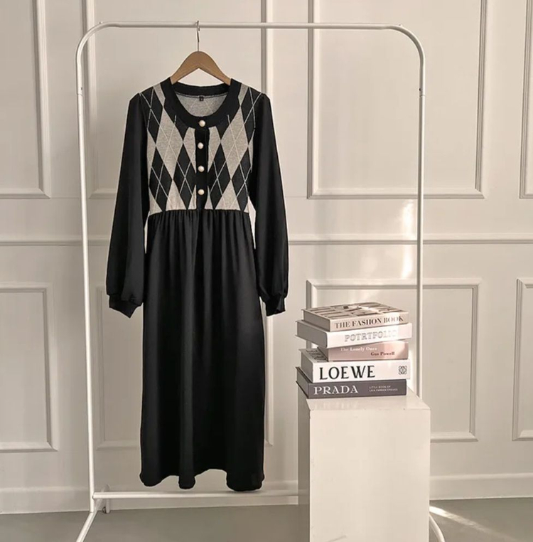 리리앤코 엘리오드 배색 아가일 밴딩 스트랩 롱원피스 이미지