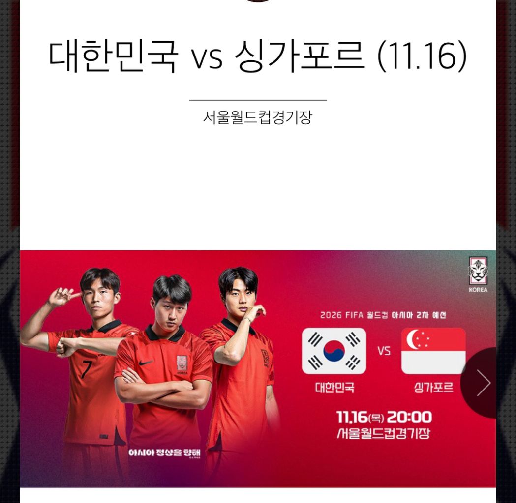 대한민국 싱가포르전 명당 1등석s 2연석 W-E5열 | 중고나라 - 안심되는 중고거래