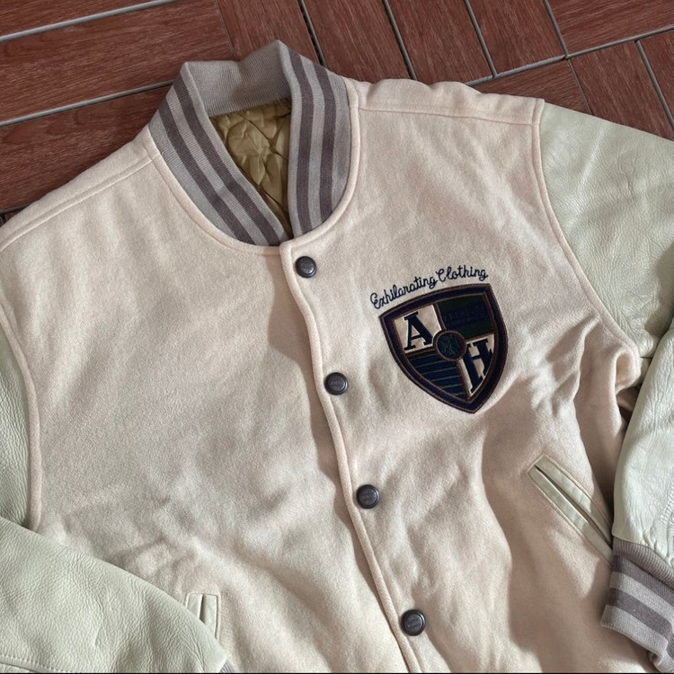 아바하우스 빈티지 누빈 레더 암 울 바시티자켓--2