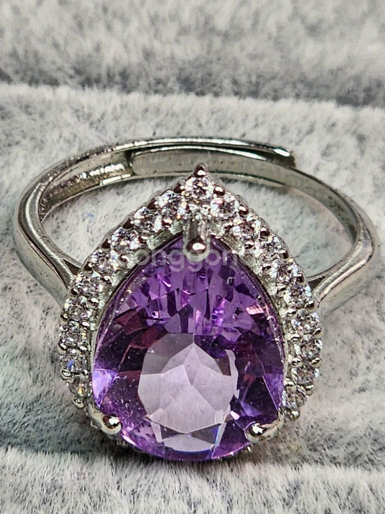 새제품 천연원석 S925 순은 반지 맑은 자수정 물방울--5