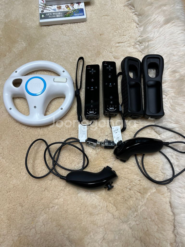 (S급)닌텐도 wii+CD4개+리모컨2개+핸들+눈차크2--1