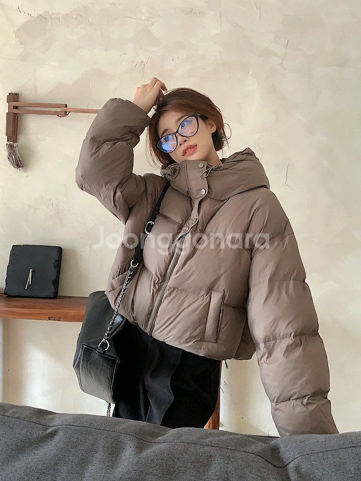 갈색 브라운 후드 숏패딩--0
